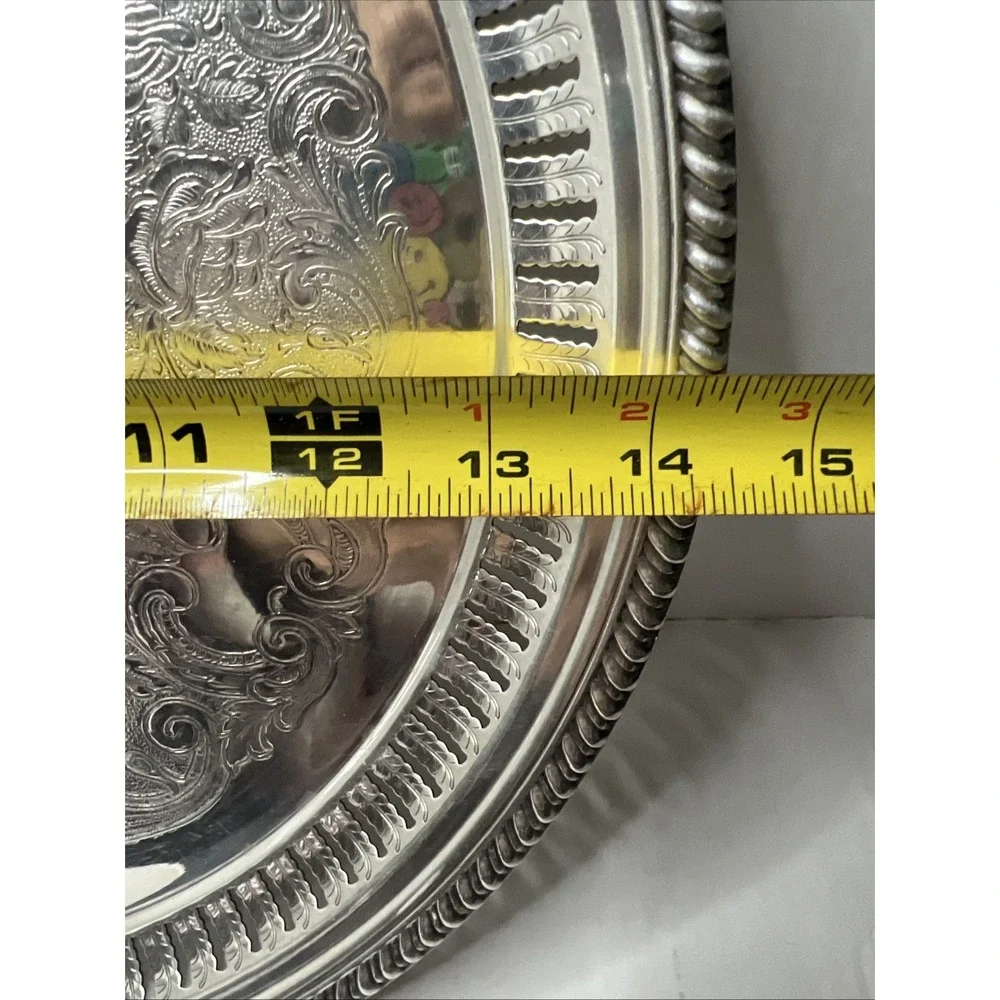 Vintage Sheffield Silver Co USA Silverplate Round Tray Ornate Engraved 14